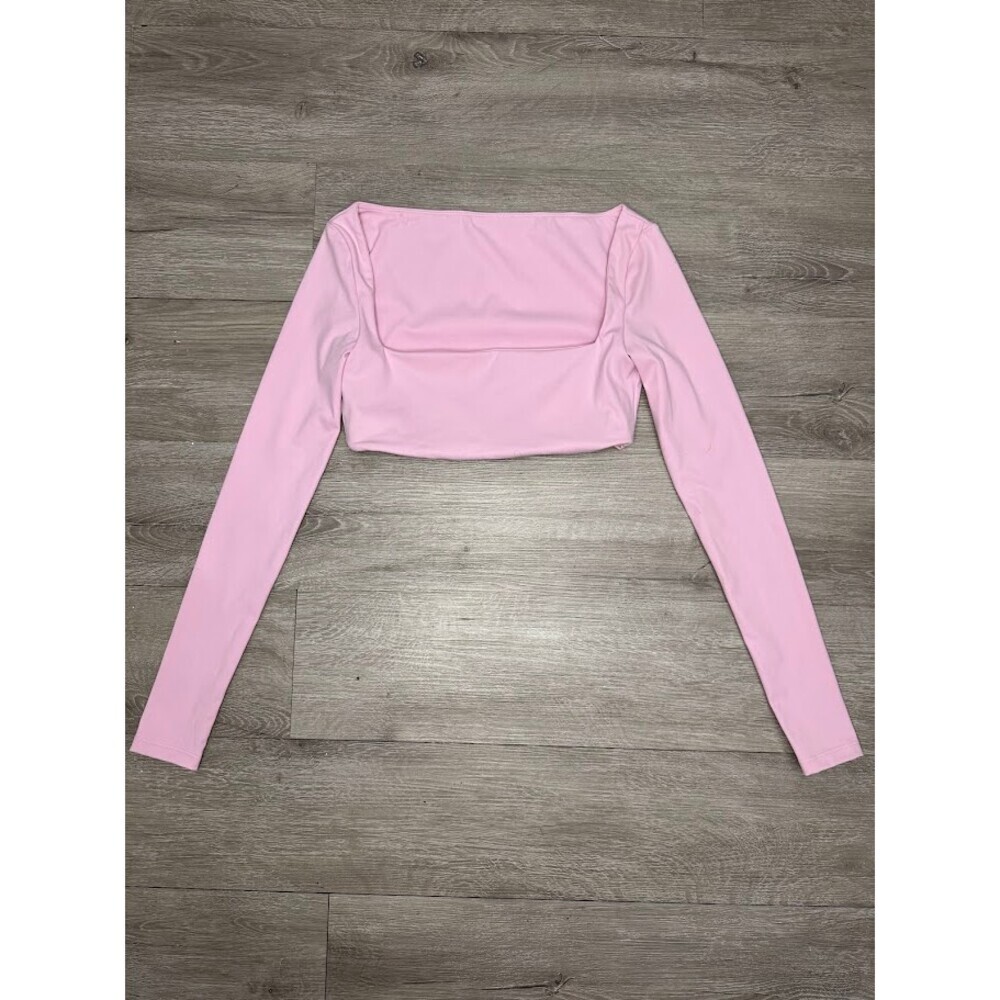 Pink Square Neck Long Sleeve Crop Top Fitted Stretch Soft Basic Women's Small